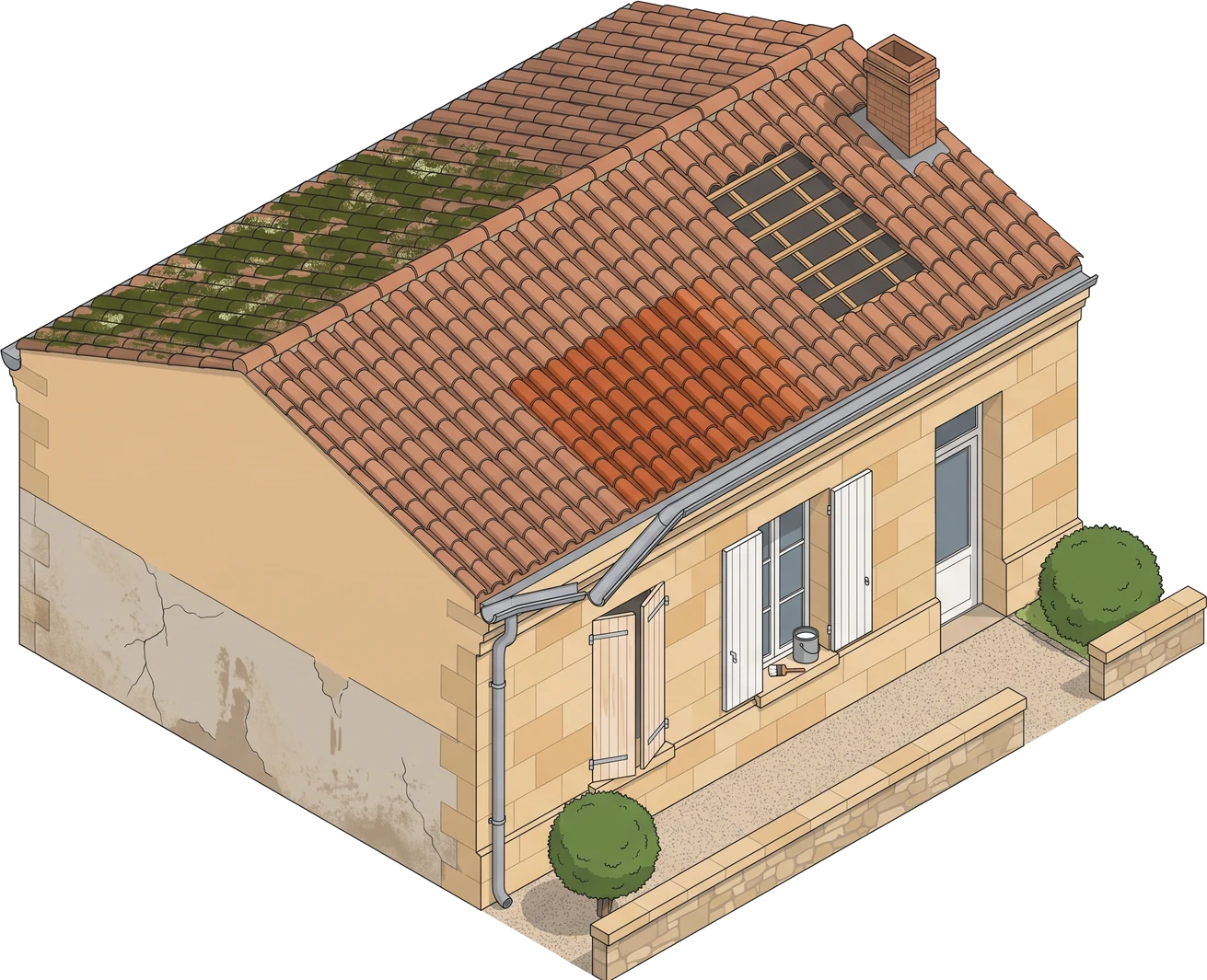 Illustration isométrique d’une maison, avec toiture, gouttière et façade à contrôler